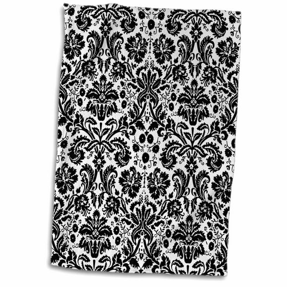 3dRose Black and white damask - stylish swirling French floral - vintage modern elegant wallpaper swirls - Towel, 15 by 22-inch