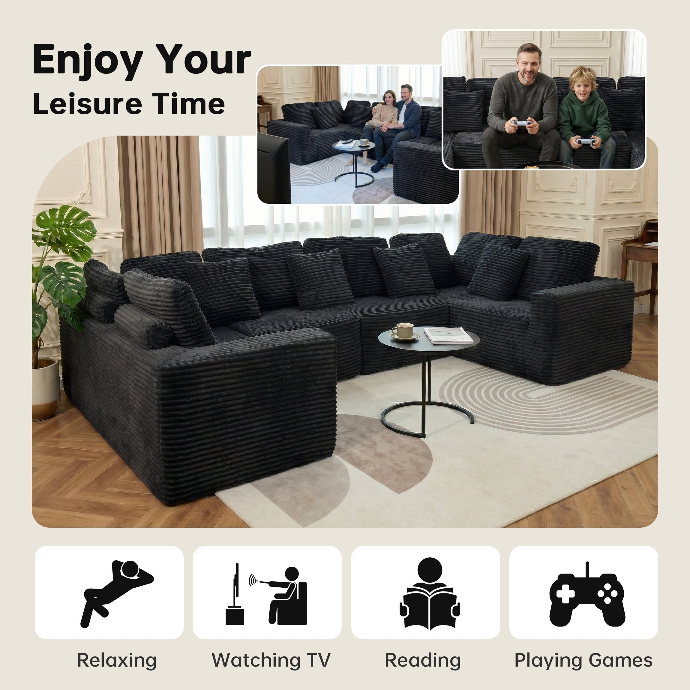SOULART 135.5" U Shaped Sectional Couch,Black Cloud Boneless Sofa For Living Room,Plush Corduroy Couches With Deep Seat Chaise Lounge,No Assembly Required