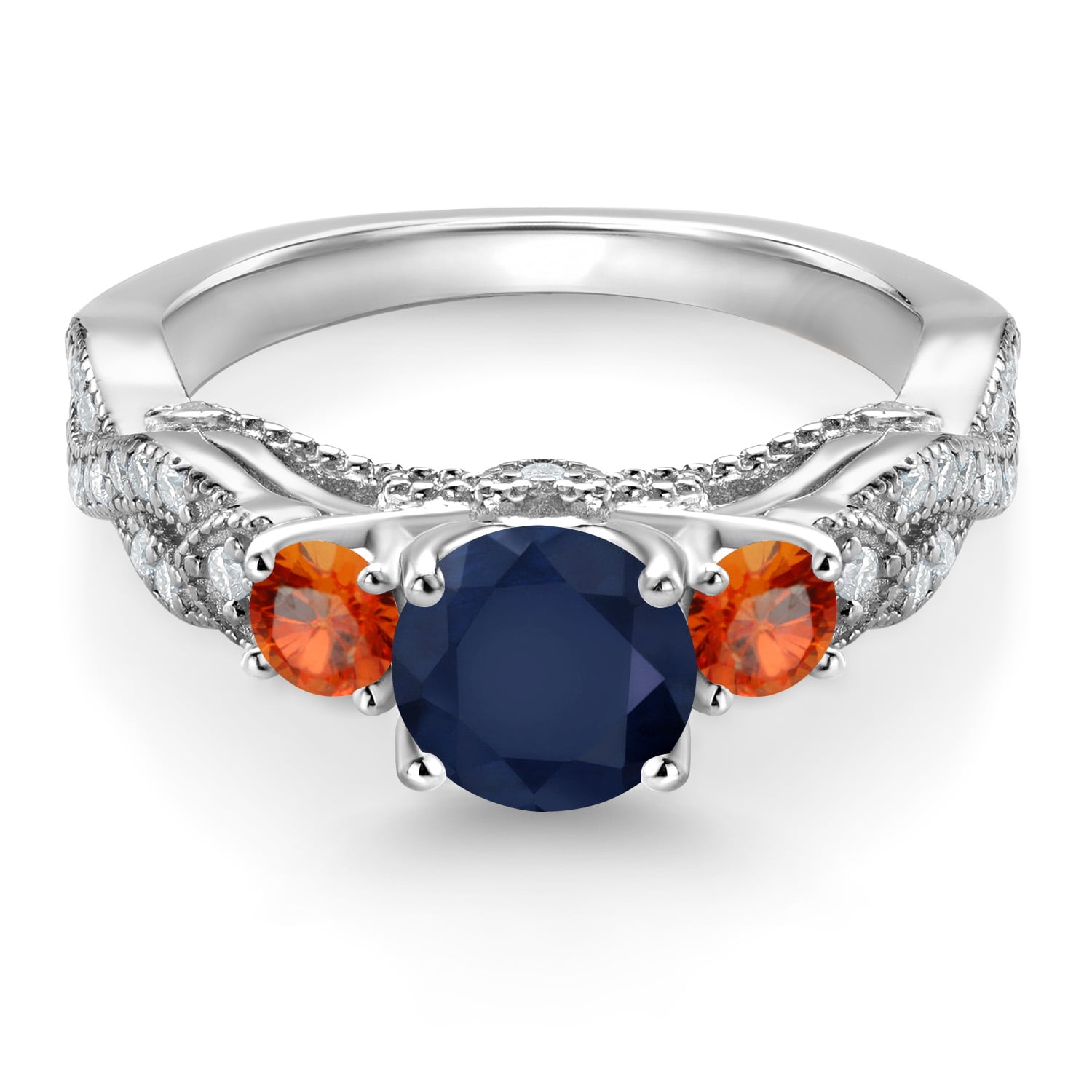 Gem Stone King 1.69 Cttw Blue Sapphire Orange Sapphire and White Moissanite Ring for Women | 925 Sterling Silver | Round 6MM and 3MM | Wedding Engagement Anniversary Promise Ring for Women | Size 8