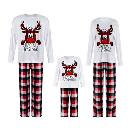 

Frobukio Family Matching Christmas Pajamas Set Reindeer Print T-Shirt Plaid Pants Sleepwear for Adults Kids White Mom-L
