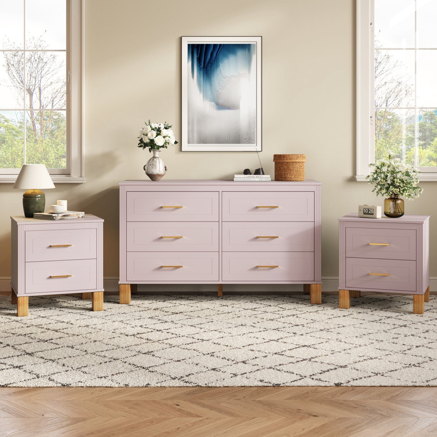 2 Drawer Nightstand with Solid Wood Legs, Fluted Bedside Table with Metal Handles, Tall Wood End Table Storage Cabinet for Bedroom, Living Room, Pink
