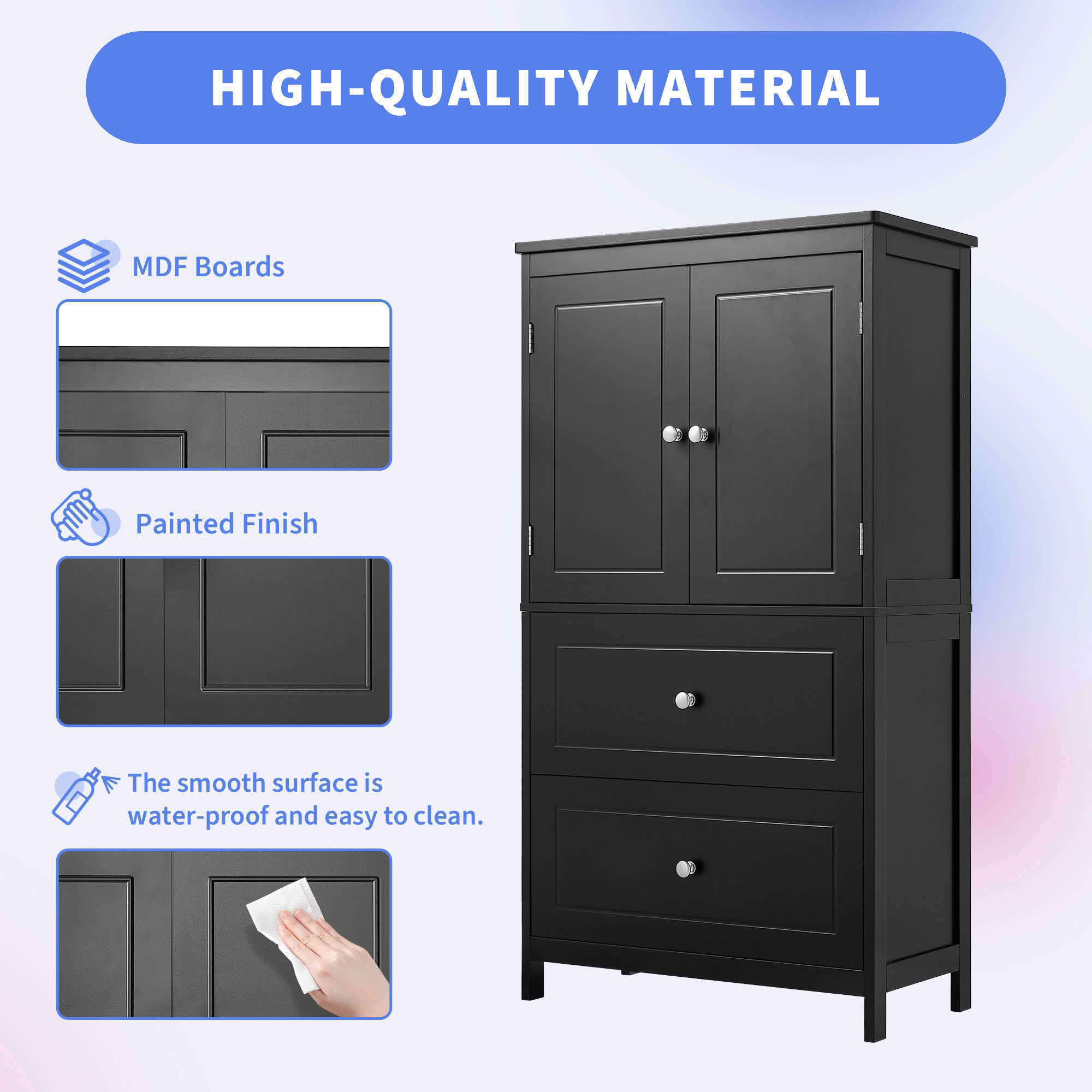 MAYEERTY Bathroom Cabinet 2 Doors Drawers Adjustable Shelf MDF Black