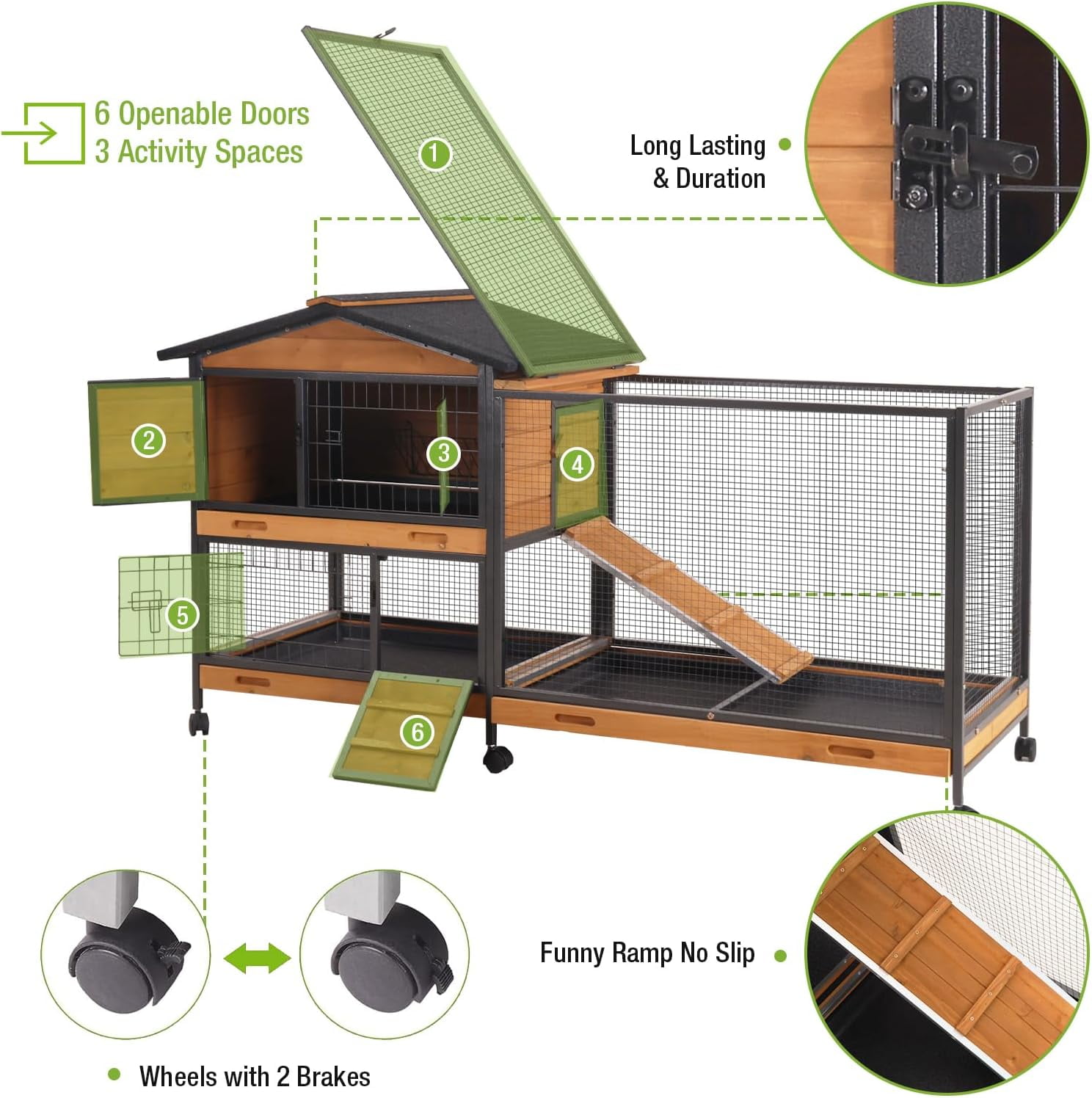 MEDEHOO Rabbit Hutch Outdoor Indoor, Rabbit Cage with Wheels Bunny Cage Large Guinea Pig Cage for Small Animals with Tray