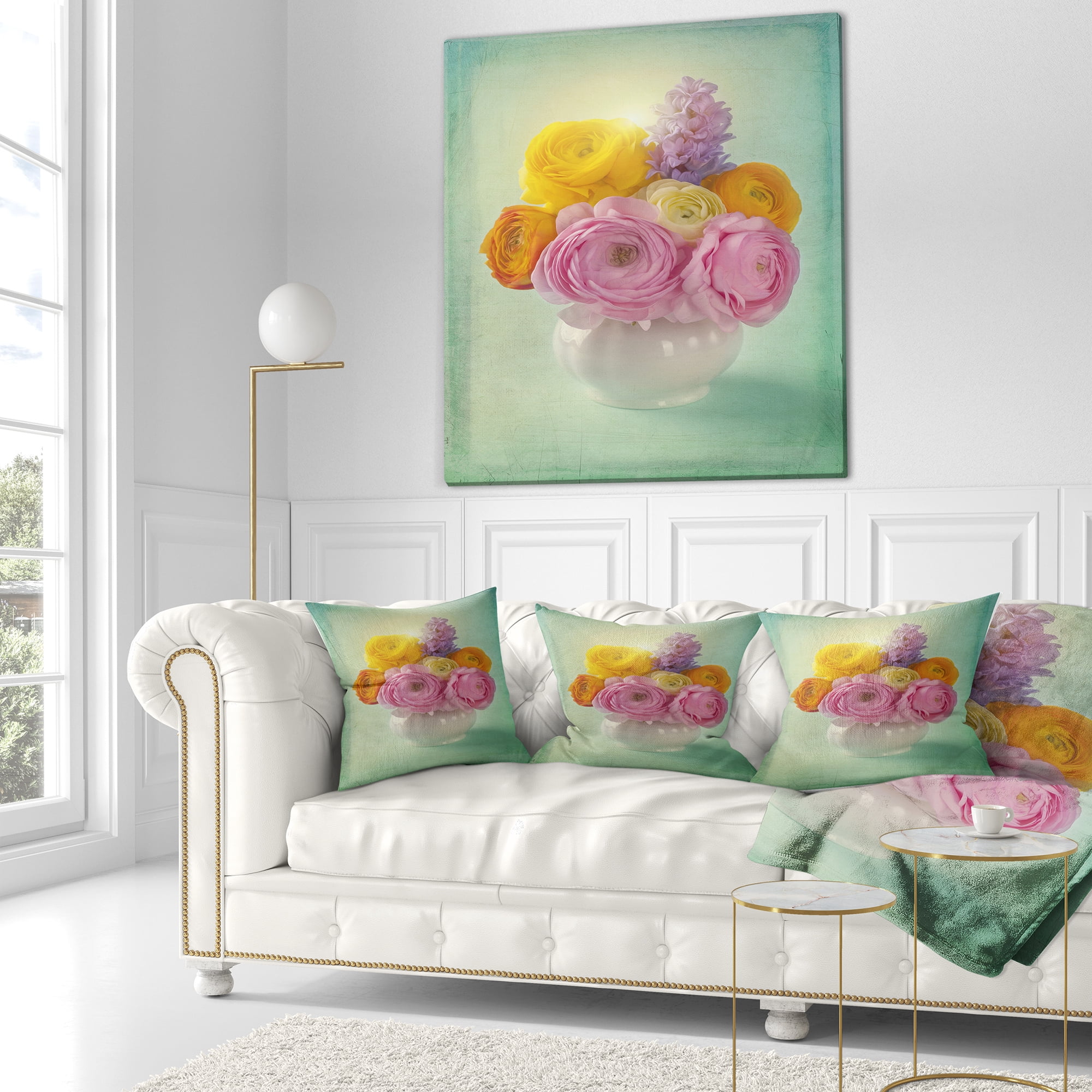 Designart Pink and Yellow Ranunculus Flowers - Floral Throw Pillow - 18x18