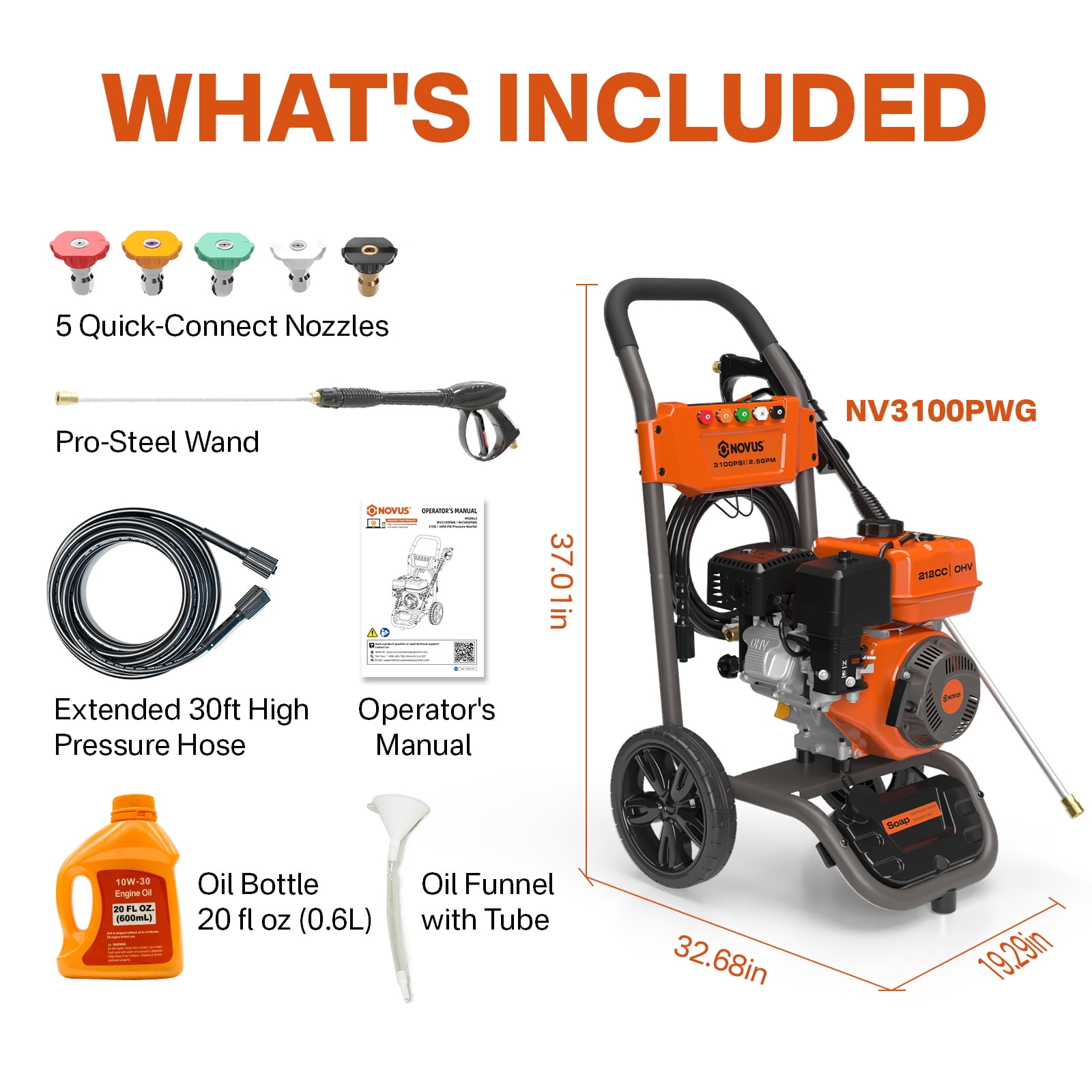 NOVUS Gas Pressure Washer 3100 PSI 2.5 GPM 212cc Engine with 30FT Hose, 5 Quick Connect Nozzles, Onboard Soap Tank, Spray Gun and Wand