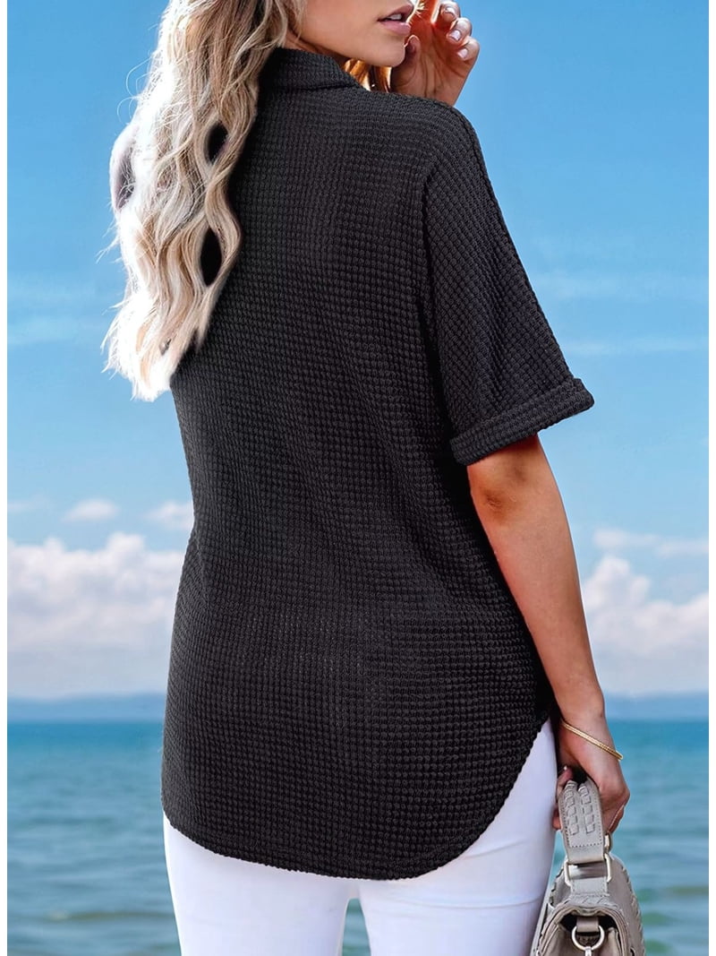 Women Waffle Knit Tops Henley Shirts Short Sleeve V Neck Solid