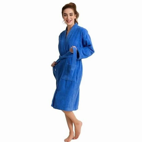 Womens 100 Percent Cotton Terry SPA Bathrobe, Royal Blue - Small & Medium