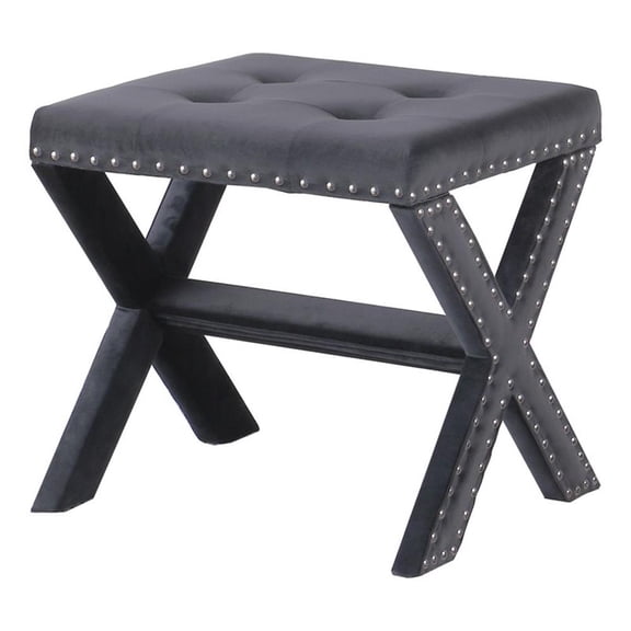 Velvet Fabric Upholstered Square Accent Bench in Gray