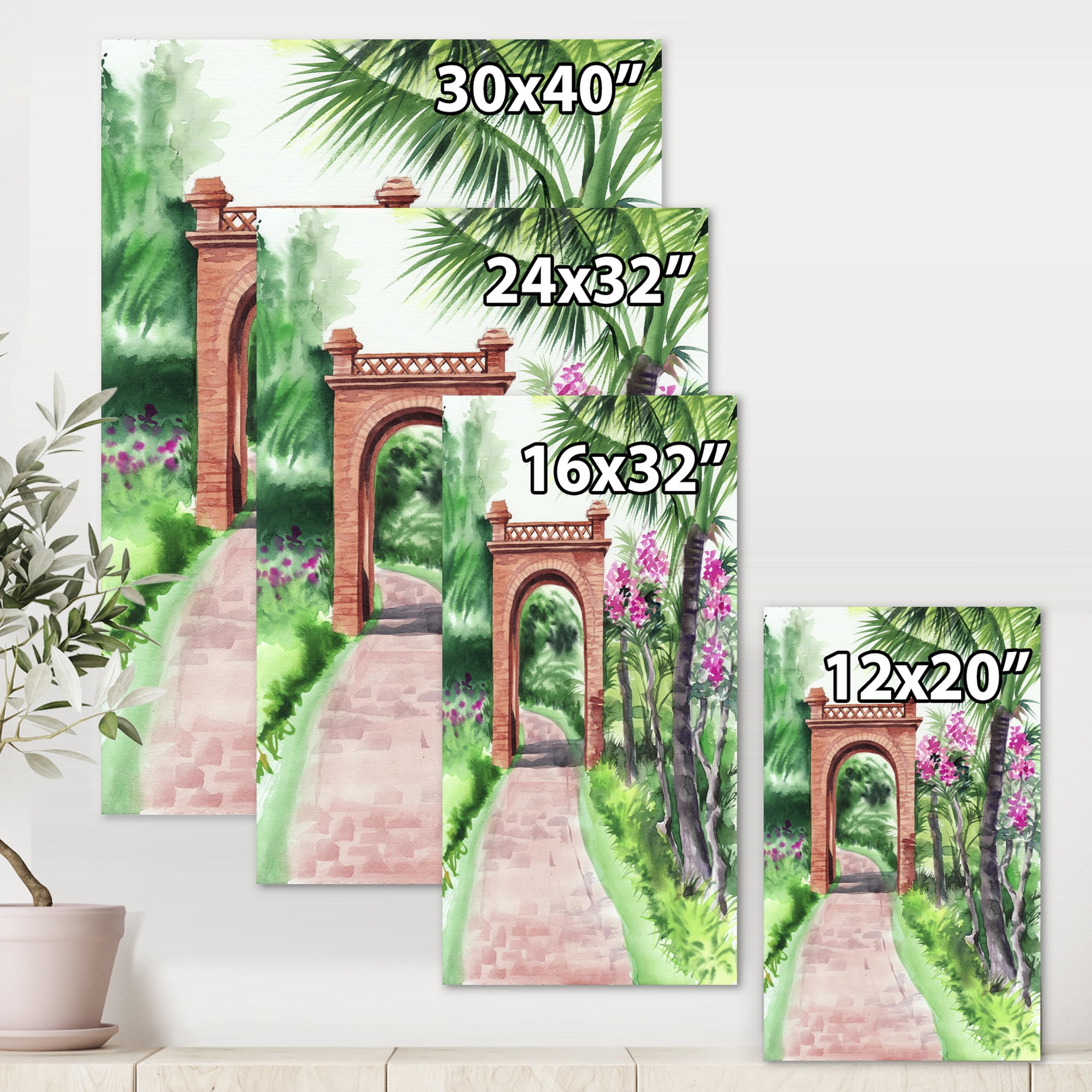 Traditional Gate On Path In Tropical Oasis 16 in x 32 in Painting Canvas Art Print, by Designart