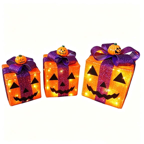 ICQOVD 3 Piece Halloween Lighted Gift Box Set,LED Pumpkin Lantern Decoration Set for Porch,Yard,Entryway,Party and Holiday Scene Display