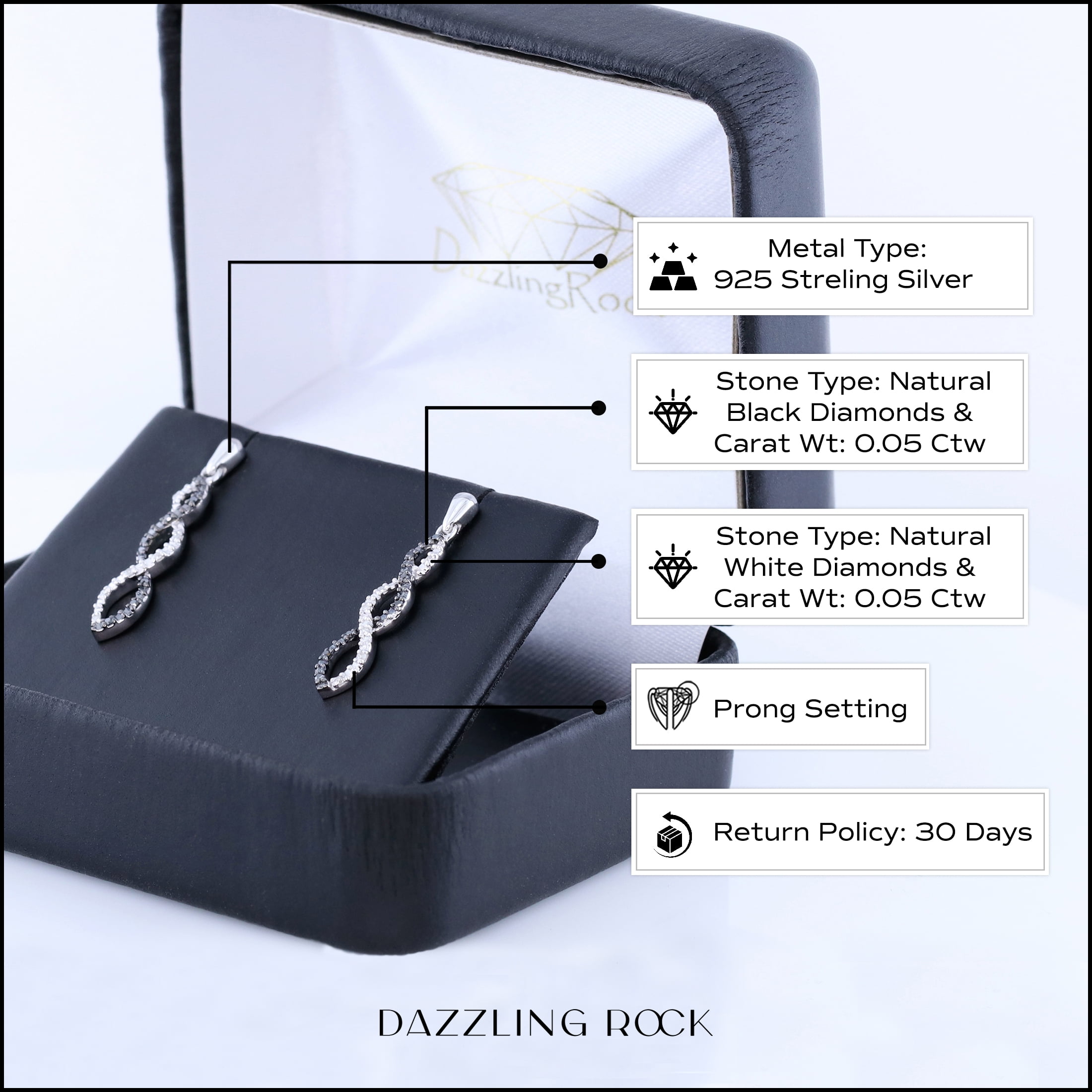 Dazzlingrock Collection 0.10 Carat (ctw) Round Black & White Diamond Ladies Infinity Swirl Dangling Earrings, 925 Sterling Silver