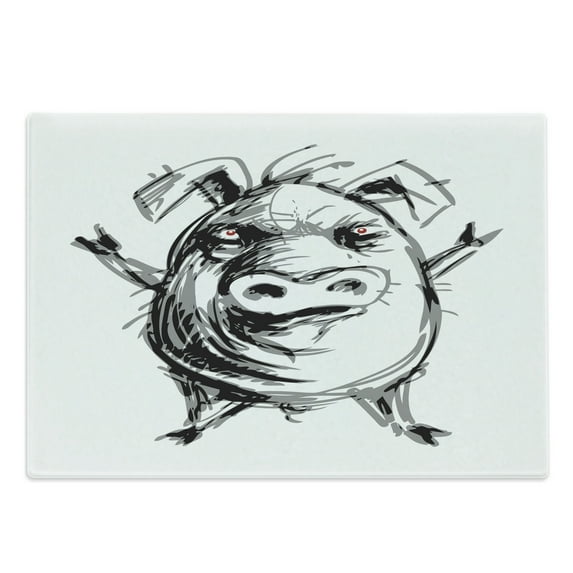Razorback Cutting Board, Hand Drawn Grunge Sketch of Angry Rebel Rocker Pig Image, Decorative Tempered Glass Cutting and Serving Board, in 3 Sizes, by Ambesonne