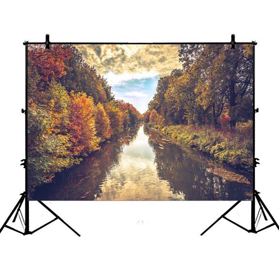 PHFZK 7x5ft Autumn Landscape Backdrops, River and Colorful Leaves on the Trees Photography Backdrops Polyester Photo Background Studio Props