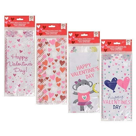 Sacs de Friandises en Cellophane à Thème Cœur de la Saint-Valentin avec Attaches Torsadées, Paquets de 25 Unités, Idéal pour Sacs Goody et Sacs-Cadeaux de Bonbons