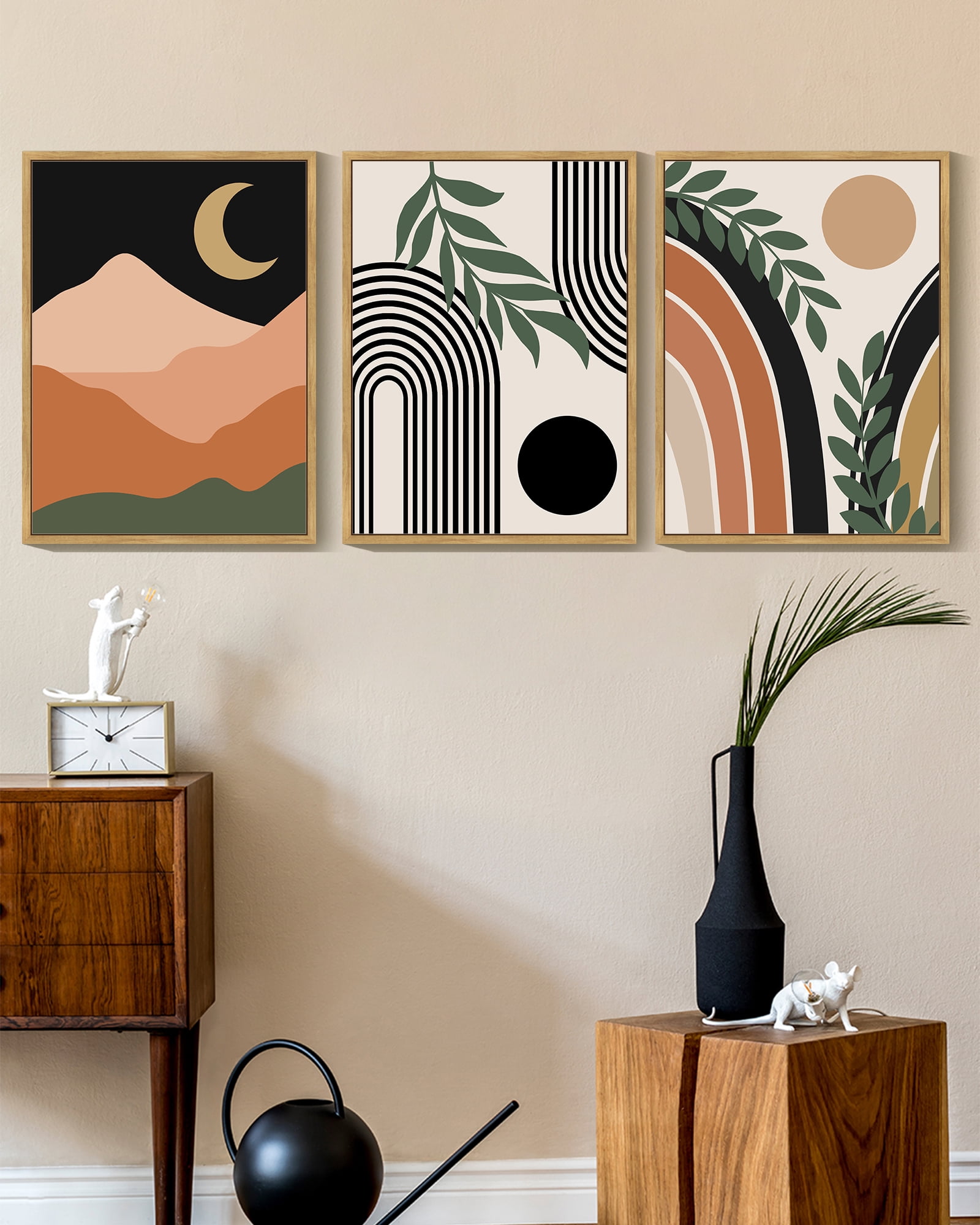 SHENIFY Boho Wall Art Abstract Decor Bohemian Prints Ready To Hang for Bathroom Dining Room 12x16in3pcs Natural Framed