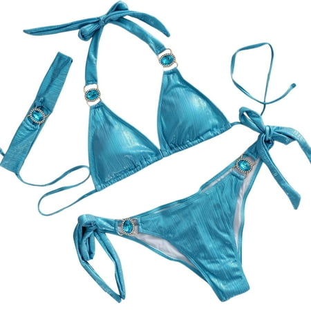 JIANJIA Swim Suits for Women Summer Gradient Print Lace Up Halter Sexy Sparkly Brassiere With Thongs Split Beach Hair Band Three Piece Bikinis Swimwears Holiday Wear Blue M