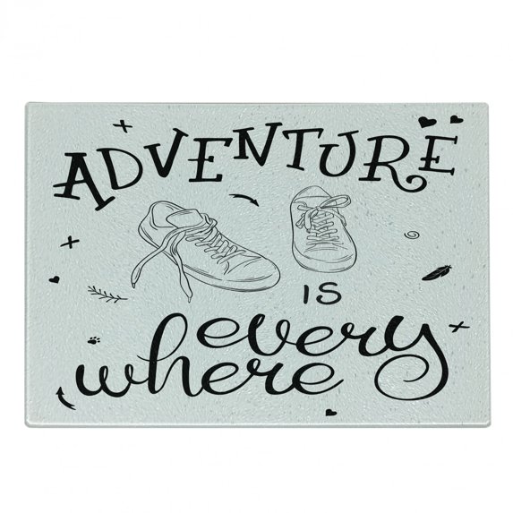 Adventure Cutting Board, Design Youth Theme with Pair of Sneakers Walking Hiking Wanderlust, Decorative Tempered Glass Cutting and Serving Board, Small Size, Black White, by Ambesonne