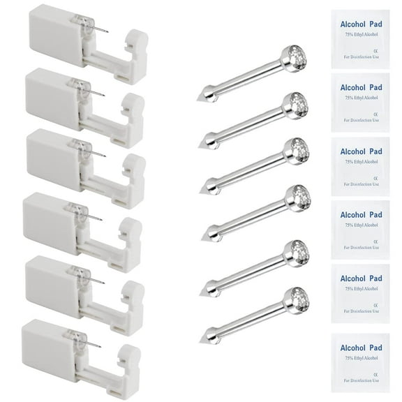 Self NOSE Piercing Gun Kits inside Piercing Rings Disposable Safety 1/100 With Moment Tool With Ring Stud Pierce Kit SS201 (6 Pack)