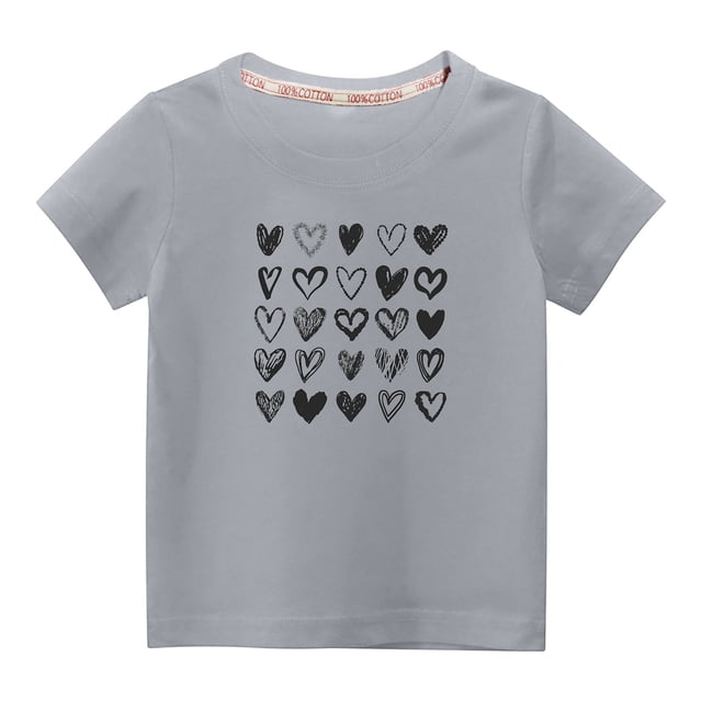 Penkiiy T-shirt en Coton pour Tout-Petits Garçons Filles Mode Mignon Col Rond Imprimé Saint-Valentin Manches Courtes 7-8 Ans Gris