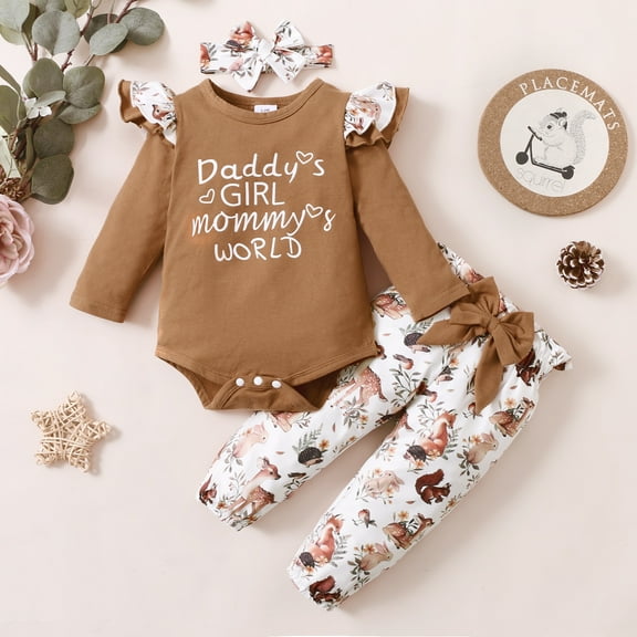 PatPat Baby Ruffle Long-sleeve Romper and Floral Trousers Set,3-piece,Unisex,Sizes 0M-18M