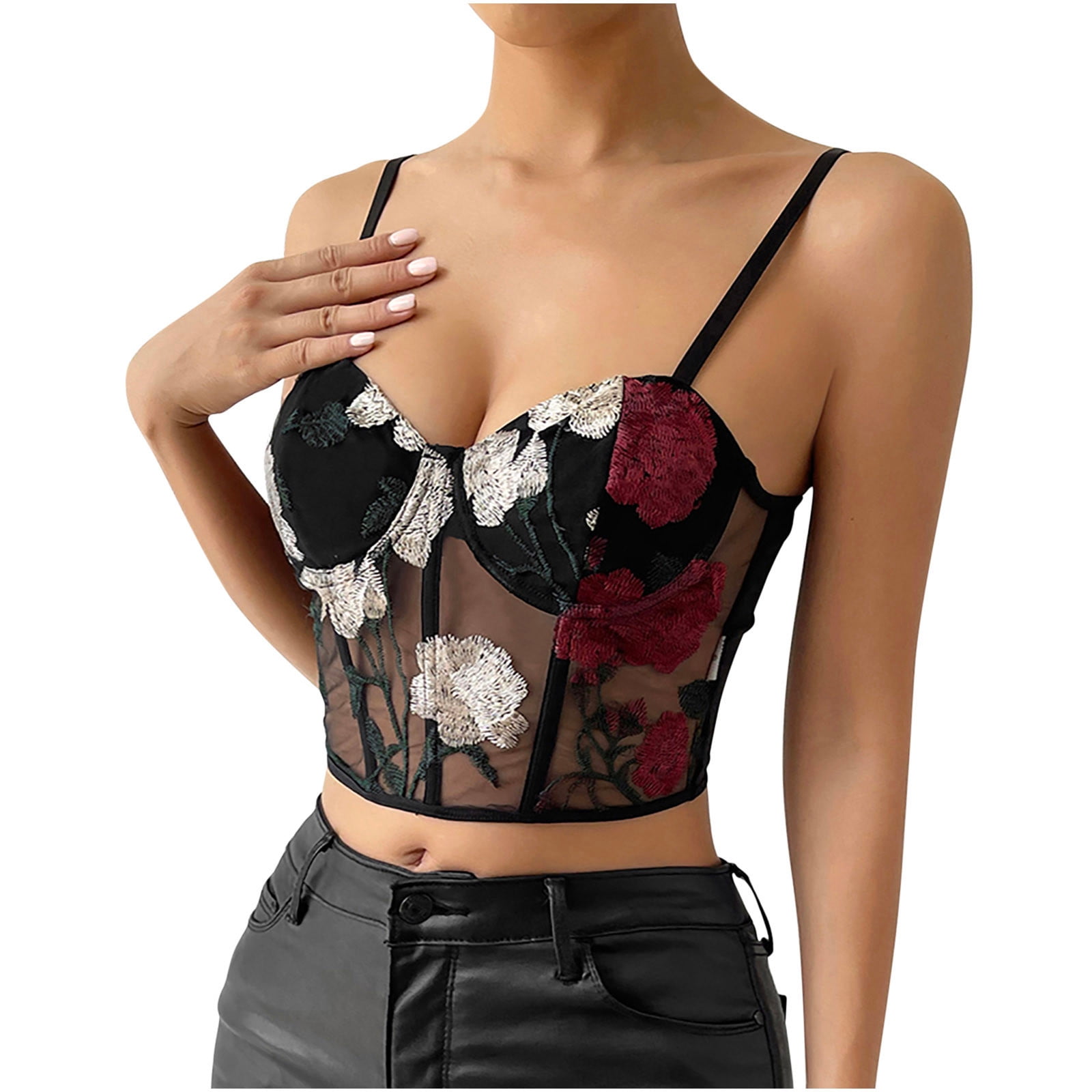 YYDGH Women's Floral Embroidery Contrast Lace Cami Crop Top Spaghetti Strap  Sheer Mesh Corset Bustier Tops Bralette Black XS