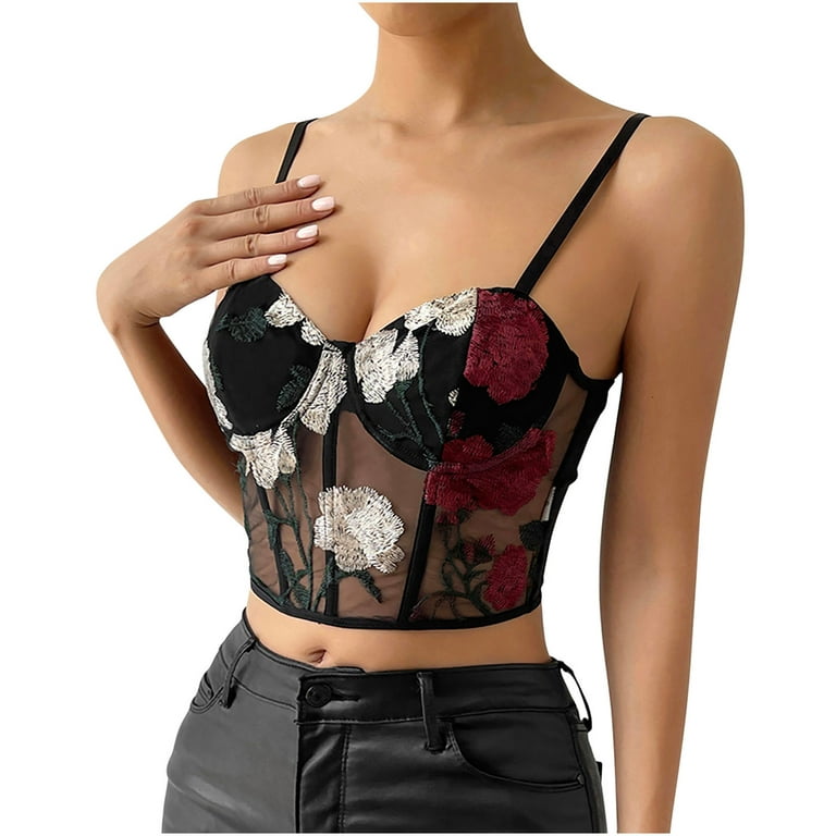 YYDGH Women's Floral Embroidery Contrast Lace Cami Crop Top