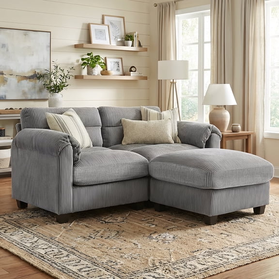 Bonzy Home Modern Loveseat with Ottoman Modular Sectional Sofa Couches for Living Room Entertaining Guests or Relaxing Alone for Small Spaces Apartment Gray