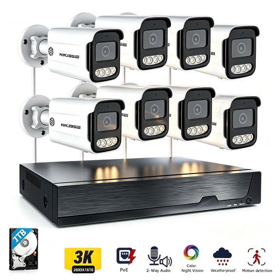 HIKJBSET 8CH 5MP PoE Security Camera System, 2- Way Audio, 8pcs 5MP Wired Outdoor PoE IP Cameras
