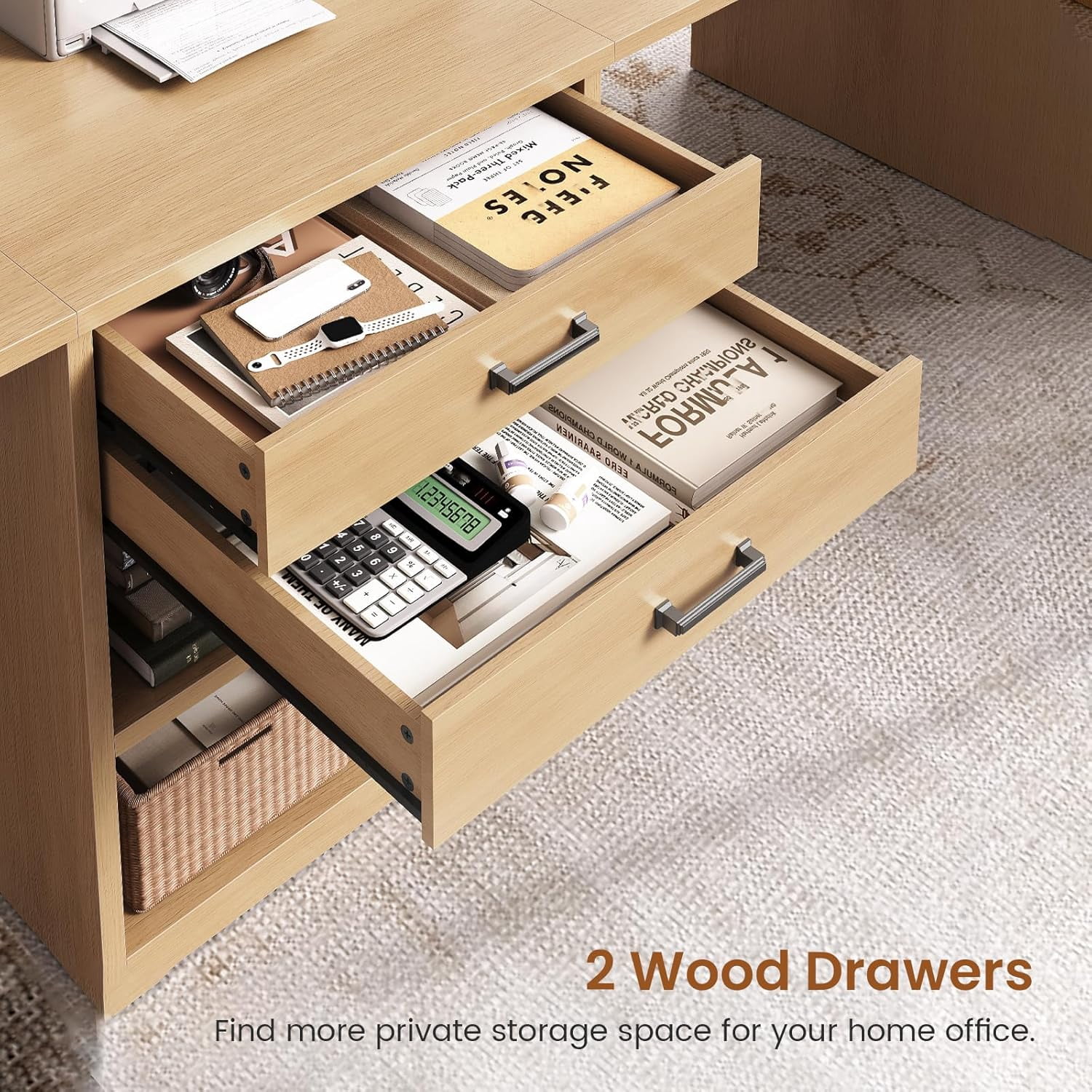 SEDETA Two Person Desk with Drawers, 90 Inch Long Computer Desk with Storage Shelves, Wooden Desk, Double Gaming Desk, Writing Table with Storage for Home Office, Oak Wood