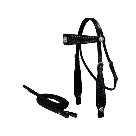 Tahoe Tack USA Leather Black Show Studded Midnight Western Browband Headstall with Matching Reins - Full Horse