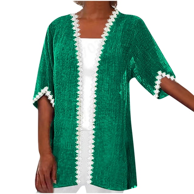 Penkiiy Cardigans d'Été pour Femmes Légers à devant Ouvert Cardigan à Manches 3/4 Cardigan Kimono Cardigans pour Couleur Unie P Vert