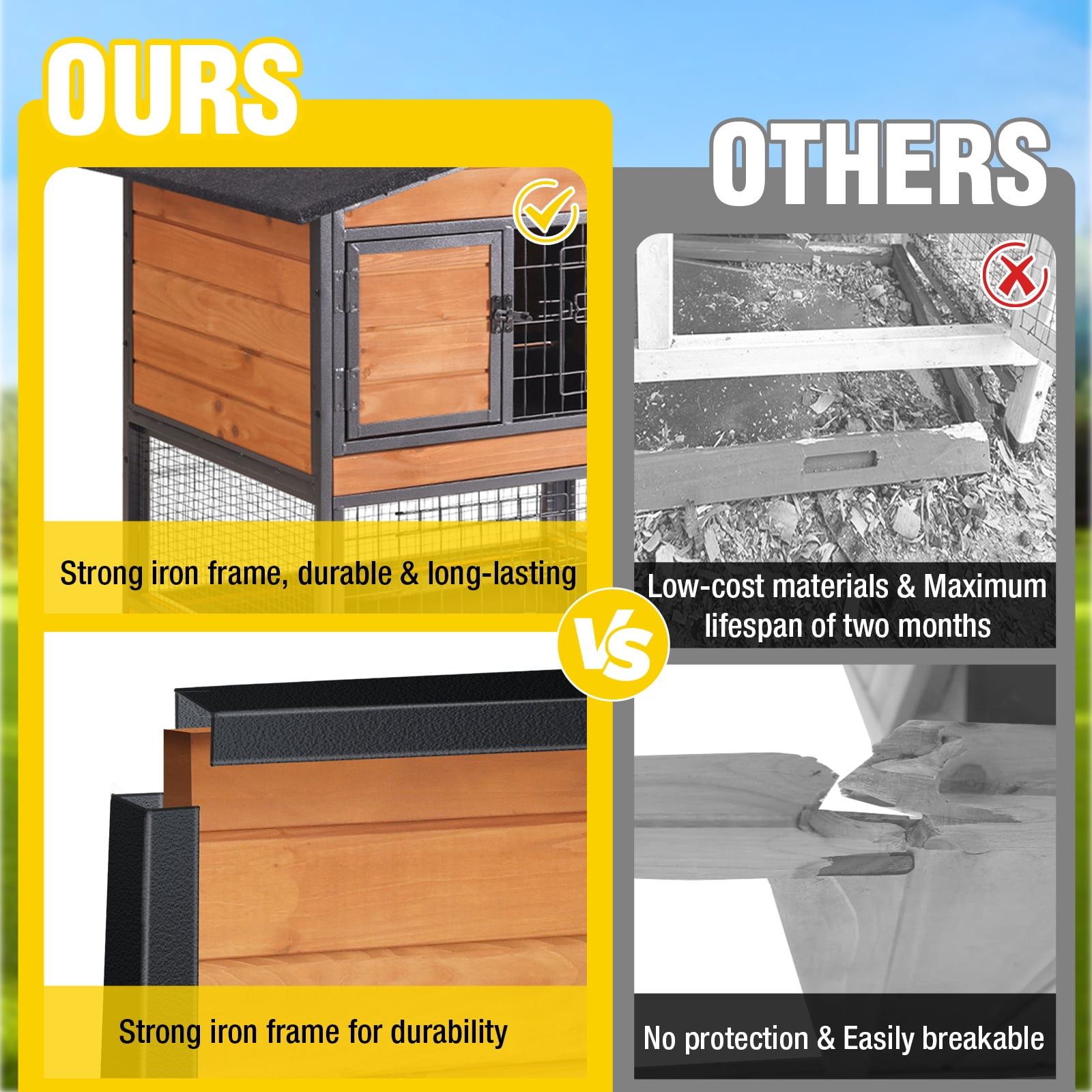 AIVITUVIN 2-Story Rabbit Hutch with Chew-Proof Full Metal Frame for Indoor/Outdoor - 62" Bunny Cage with 6 Locking Casters & 2 Pull-Out Trays for Rabbits, Guinea Pigs, Small Pets (Brown)