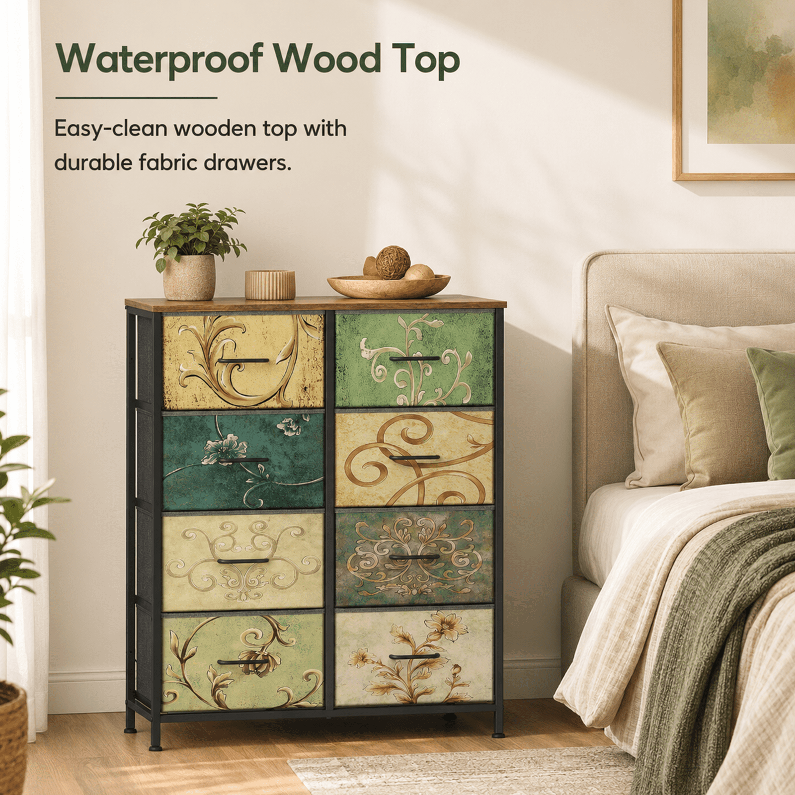 Alvantor 4/5/7/8/9-Drawer Dresser, Fabric Storage Tower for Bedroom, Hallway, Entryway, Closet, Tall Chest Organizer Unit with Fabric Bins, Steel Frame, Wood Top, Easy Pull Handle, Floral Painted