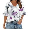 thumbnail image 5 of JTZGDY Womens Tops 3/4 Flared Sleeve Cute Floral Printed Summer V Neck Graphic Tunic T-Shirts Loose Irregular Hem Blouse Dressy Ruffle Top Purple XXL, 5 of 6