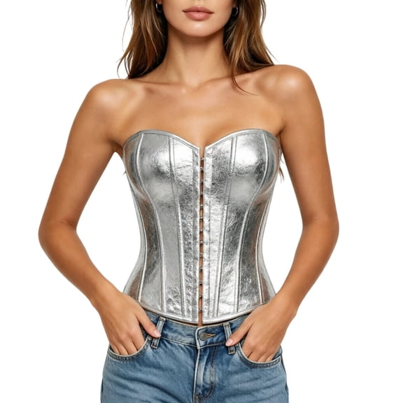 Womens Strapless Court Corset Sweetheart Front Zip Buckle Bustier Top Slim Fit Shapwear for Halloween Silver L