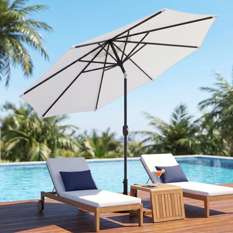 Lacoo 9' Outdoor Patio Umbrella, Market Table Umbrella with Push Button Tilt, 8 Heavy-Duty Steel Ribs & Wind Vents, White