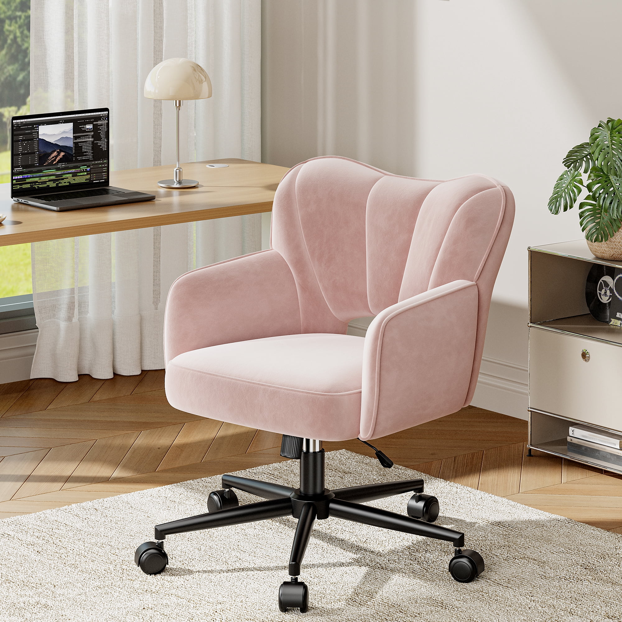 Romorgniz Vanity Chair with Wheels & Back Desk Chair Adjustable Height for Makeup, Work & Relaxation, Pink