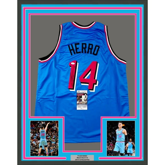Framed Autographed/Signed Tyler Herro 35x39 Miami Blue Vice City Basketball Jersey JSA COA