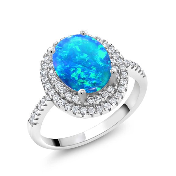 Gem Stone King 925 Sterling Silver Halo Engagement Ring Oval Cabochon Blue Simulated Opal and Moissanite (0.99 Cttw) | Size 6