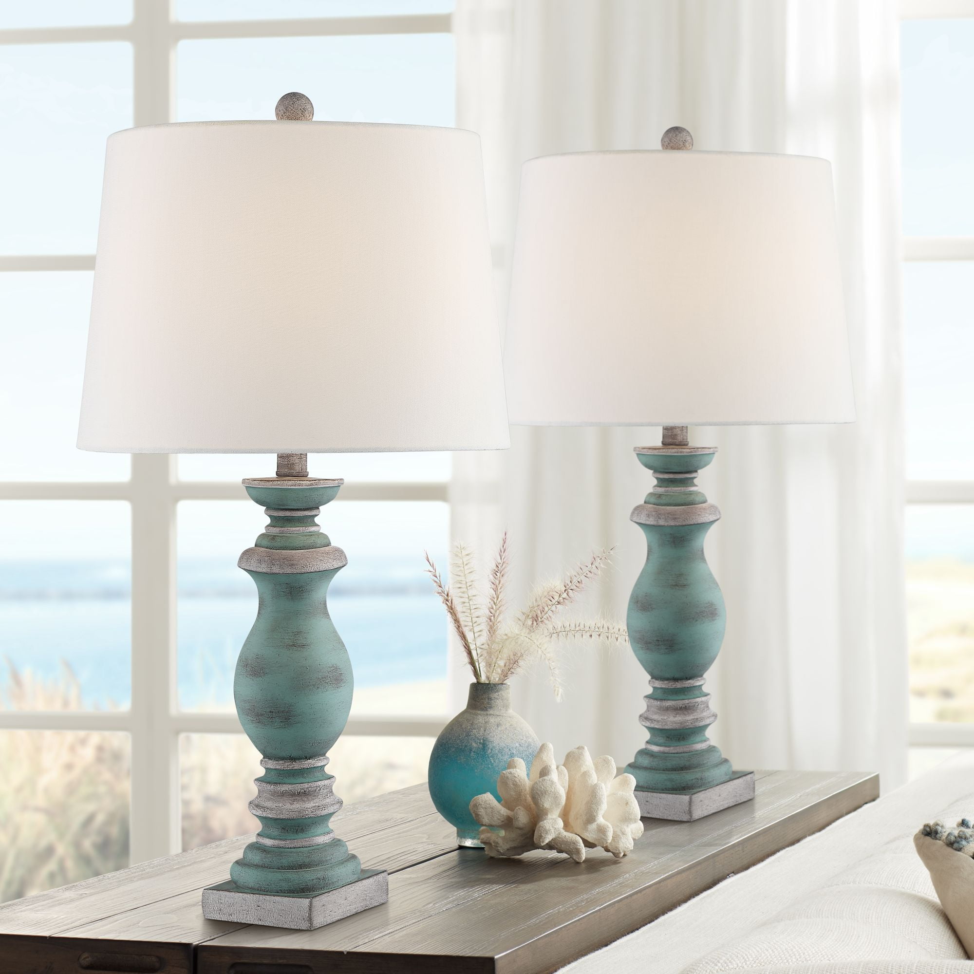 Regency Hill Patsy Blue-Gray Table Lamps Set of 2 with Table Top