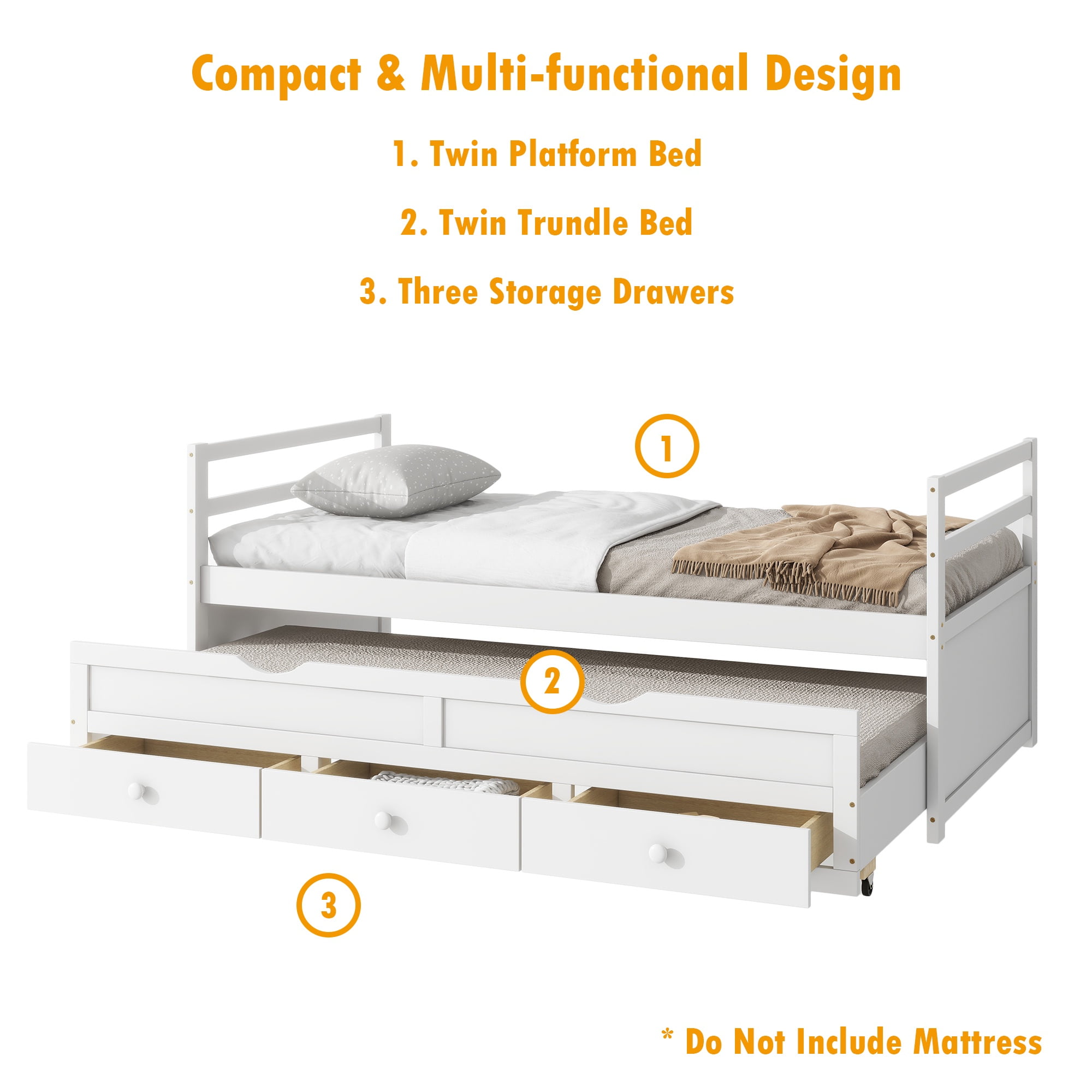 Bellemave Twin Size Platform Bed with Trundle and Storage Drawers Twin Captain’s Bed with Headboard and Footboard Storage Bed Frame (White)