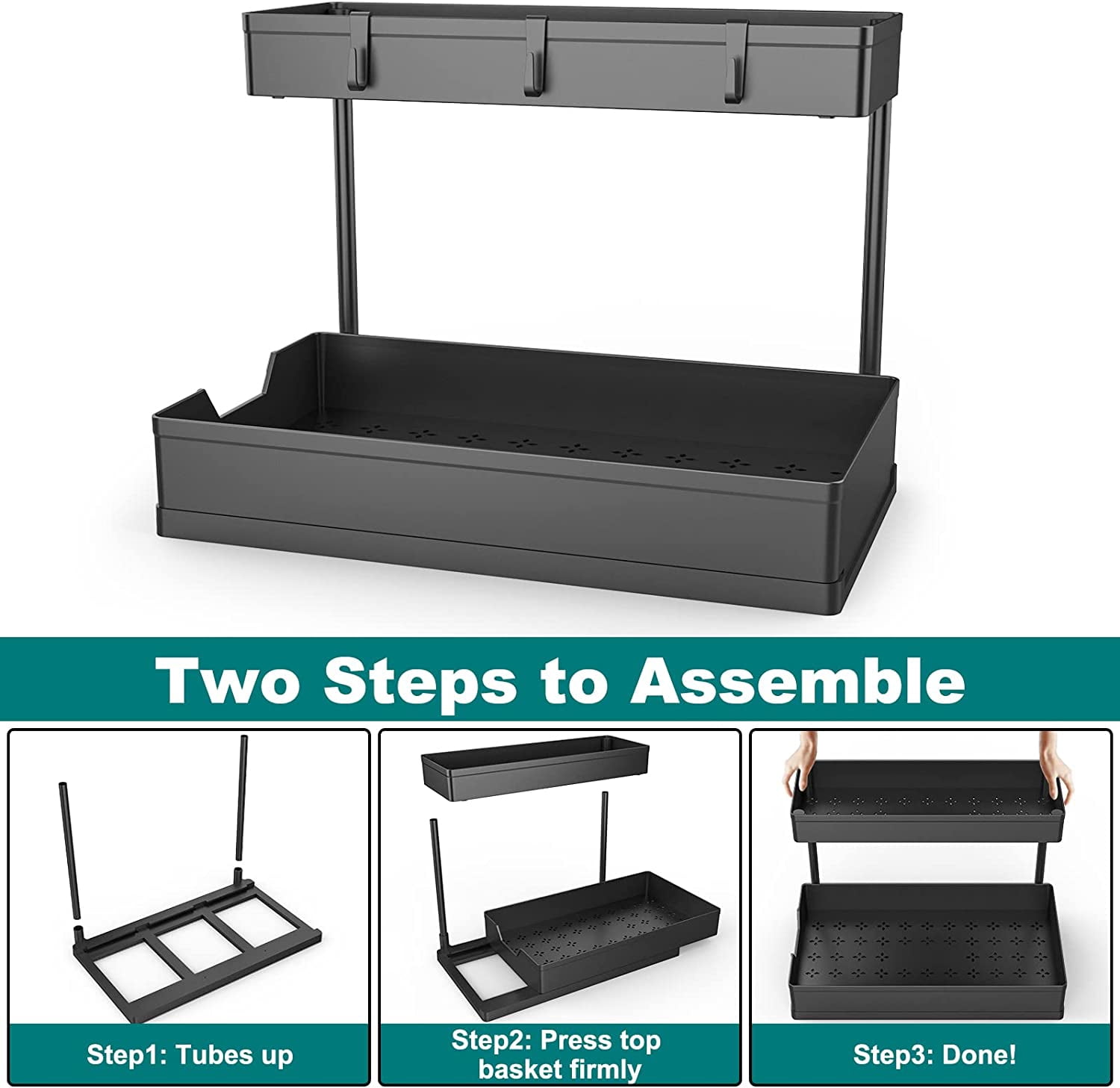 2-Tier Under Sink Organizers, 2 Pack Sliding L-shape Cabinet Organizers Narrow Space Storage Multi-purpose Sink Organizer for Bathroom Kitchen Drawer(Black 2 )