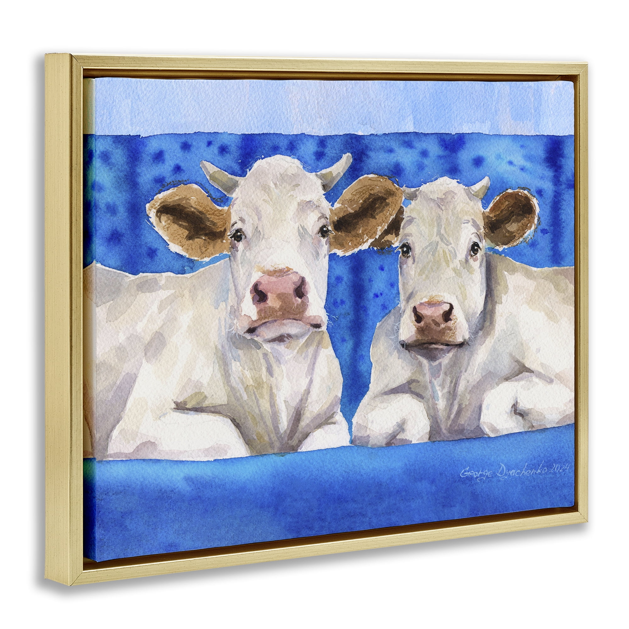Stupell Industries White Cows on Blue Sofa Gold Framed Floater Canvas Wall Art, design by George Dyachenko