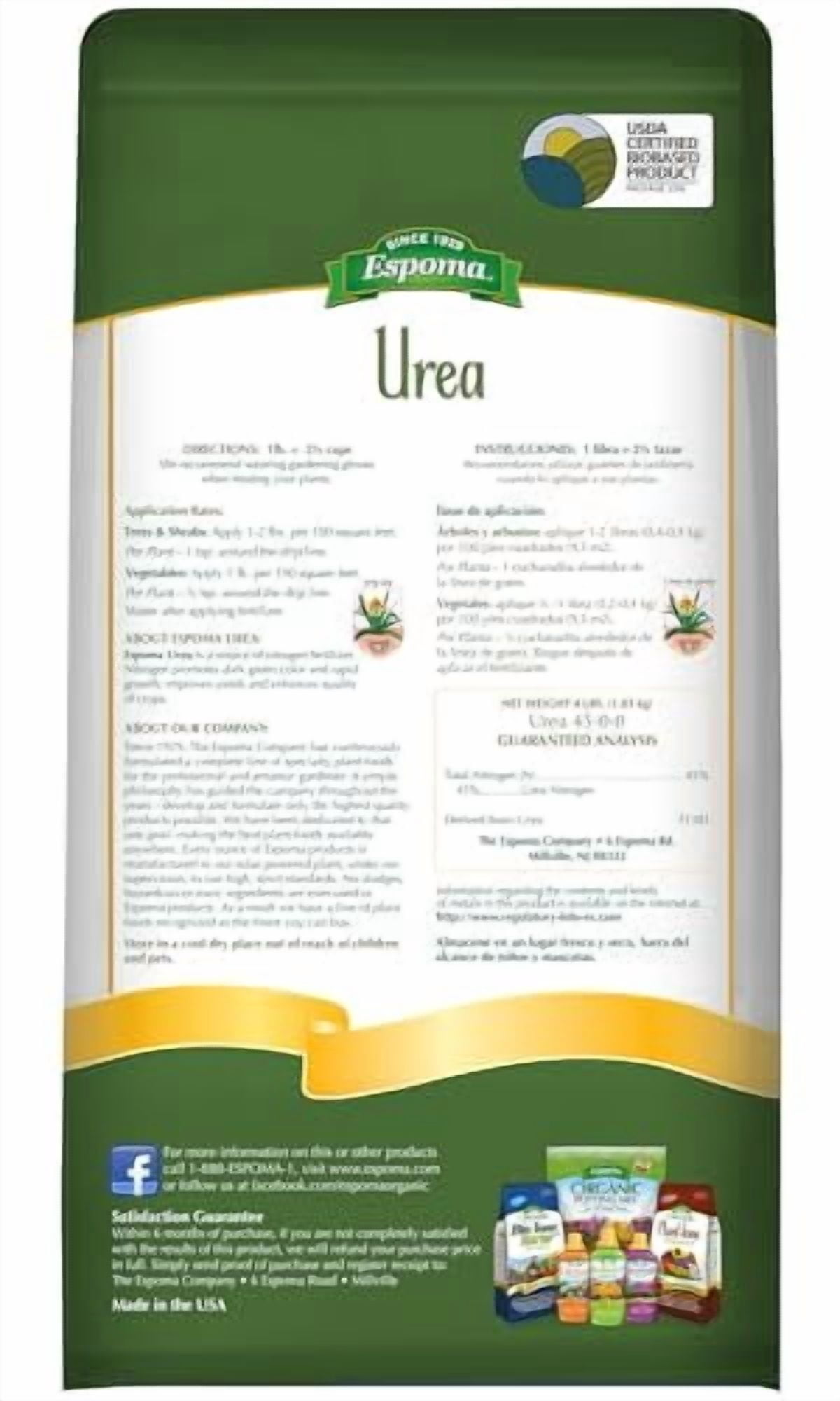 Espoma Urea Nitrogen Fertilizer 45-0-0, 4lb. Bag; Promotes Growth in All Flowering Plants, Trees, Shrubs, and Vegetables. Granular for Easy Application. Pack of One.