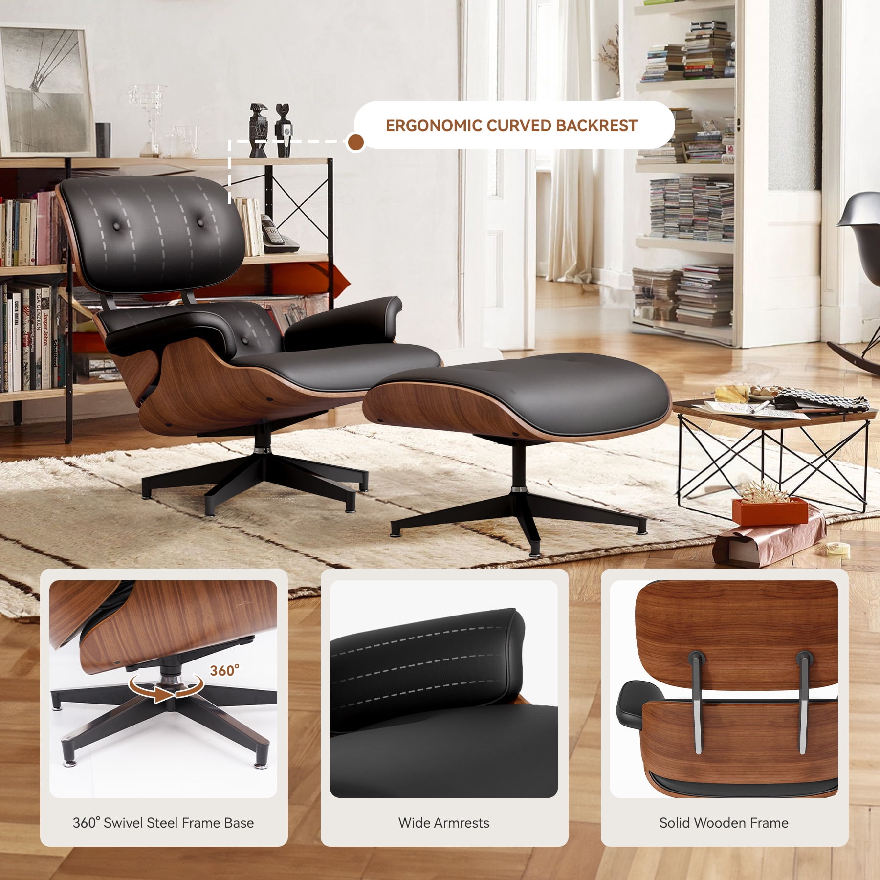 Hawsaiy Genuine Leather Lounge Chair with Ottoman, Mid Century Modern Eames Recliner with Wide Armrests, Heavy Duty Base for Living Room, Bedroom, Office