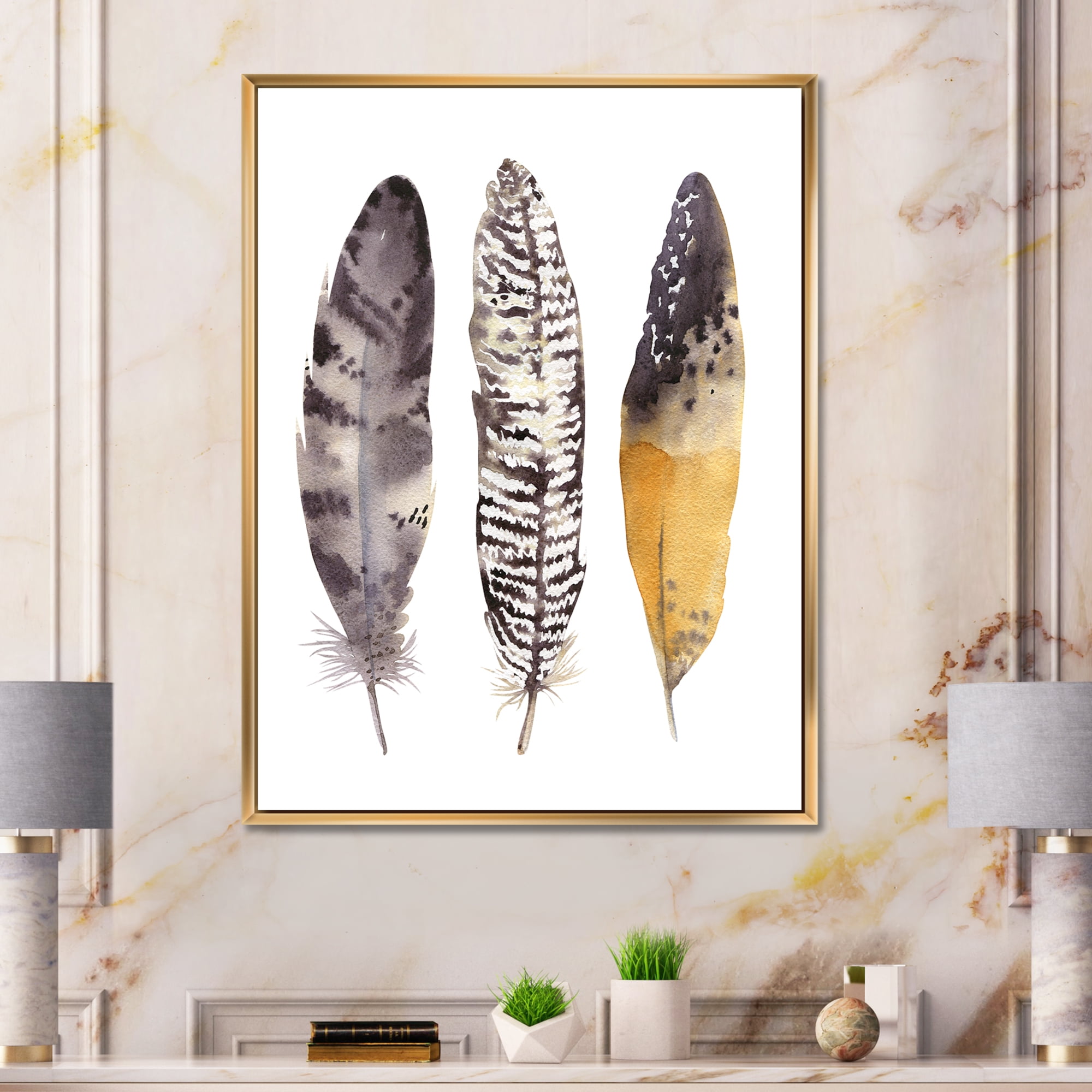 Designart 'Boho Ethnic Art Dark Gray Feathers III' Bohemian & Eclectic Framed Canvas Wall Art Print