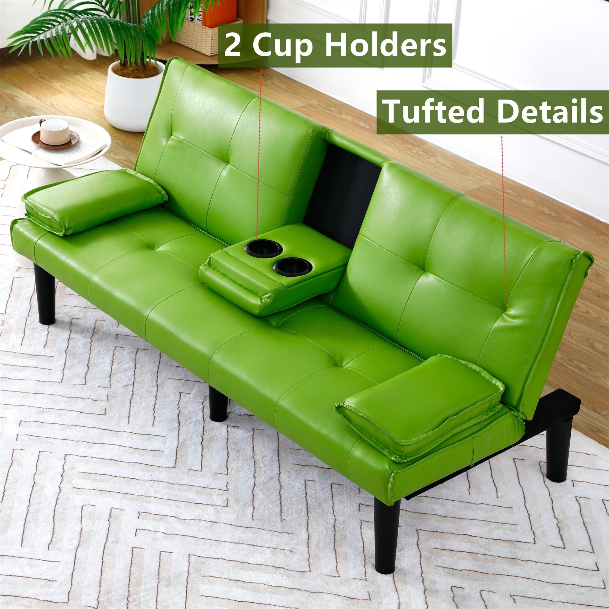 Aukfa Leather Futon Convertible Sofa Bed for Home Office, 2 Cup Holders&Pillows, Green