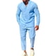 thumbnail image 1 of Traje de manga larga para hombre, cuello alto, cuello en V, informal, cómodo, color puro, camisetas y pantalones de poliéster suave, azul XXL, 1 of 6