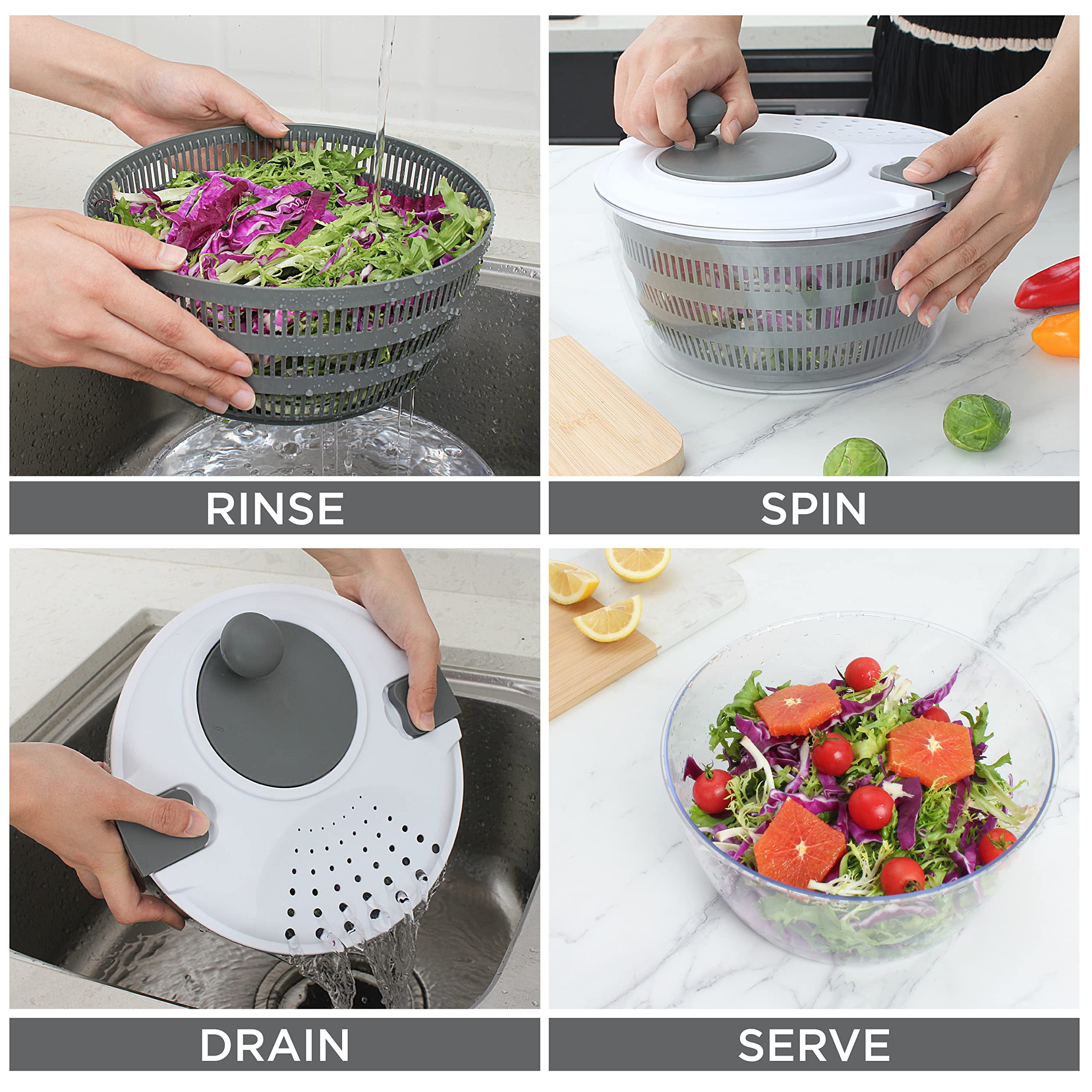  Ourokhome Salad Spinner Lettuce Dryer, Manual Kitchen Gadgets  with Drain, Bowl and Colander, Compact Vegetable Washer with Rotary Handle,  Built-in Draining System, Secure Lid Lock, 4L, Red: Home & Kitchen