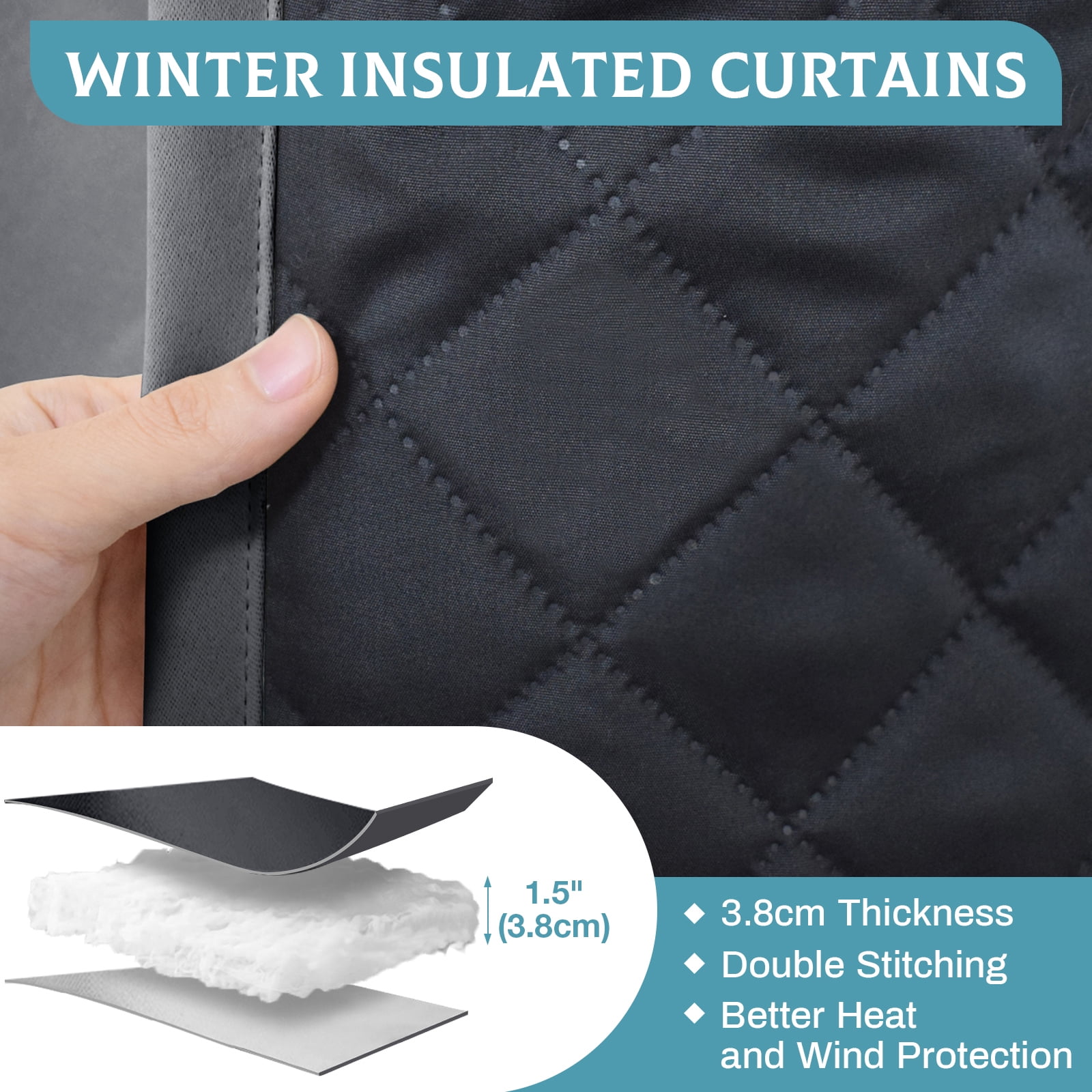 Qelus Thermal Insulated Outdoor Curtains for Winter, 52''x 84''Grommet Waterproof Quilted Blackout Curtains for Patio, Gray, 1 Panel